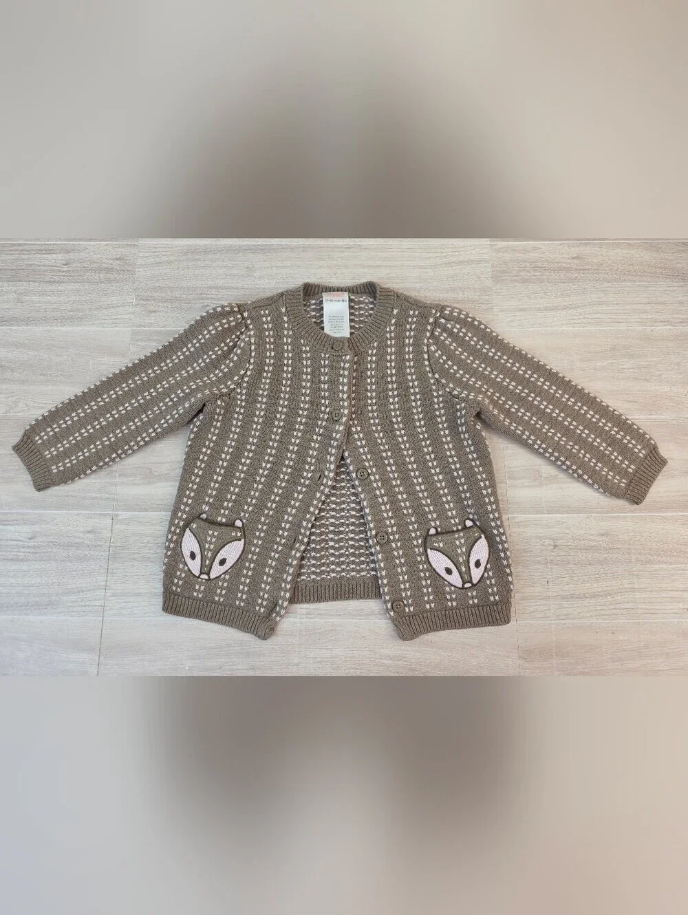 2015 Gymboree Taupe Knit Cardigan with Fox Pocket Appliqués 12-18 Month